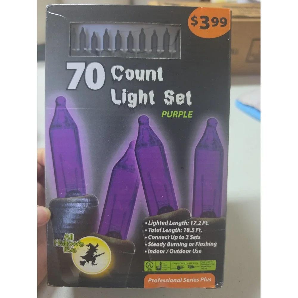 Nos All Hallow's Eve 70 Count Purple String Lights, Halloween Theme, Black Wire